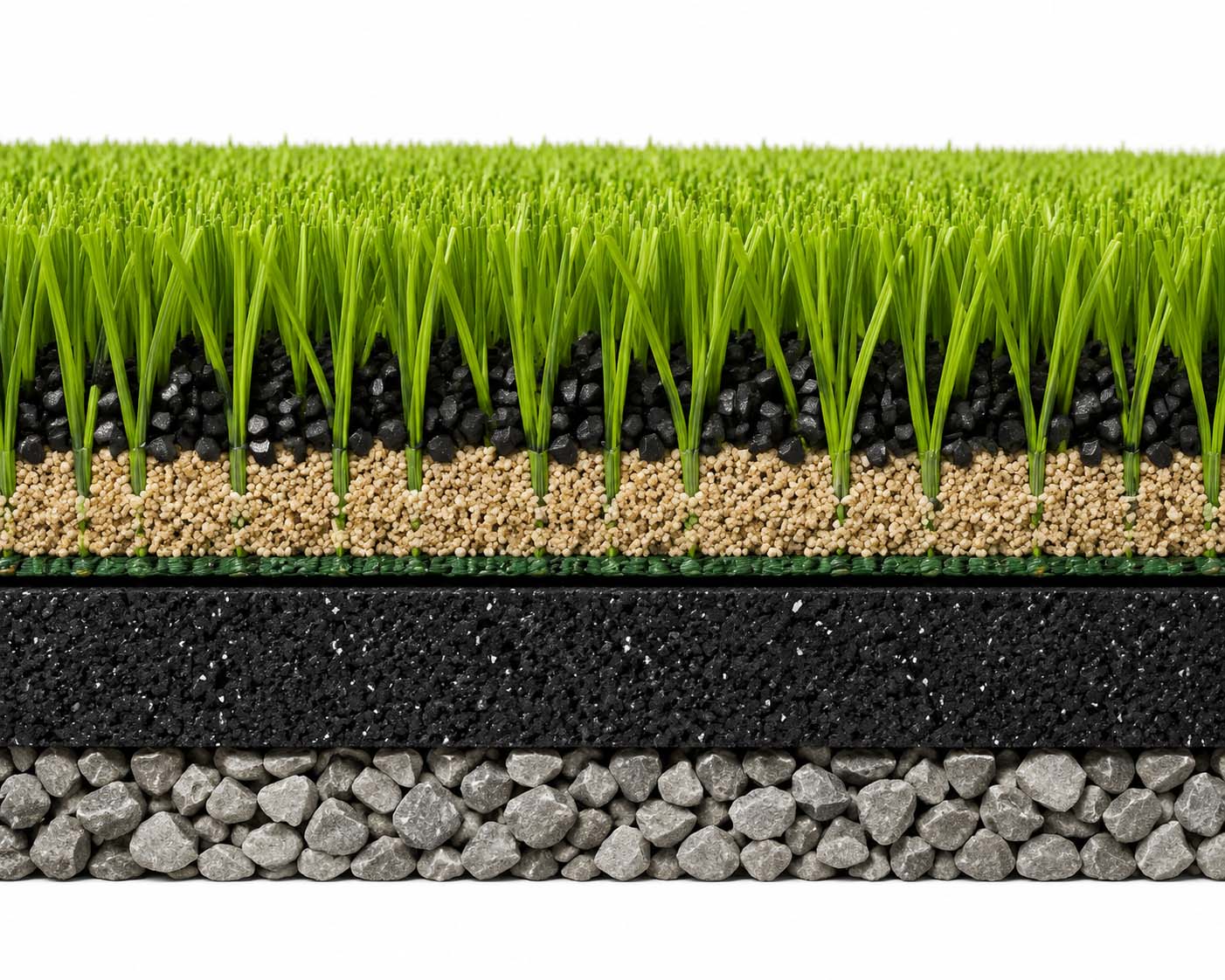Artificial turf system cross section with EPDM infill, elastic layer and base drainage