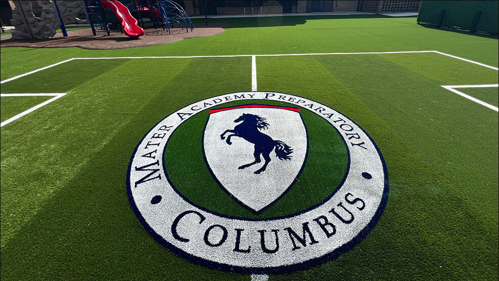 Custom logos and graphics integrated into artificial turf by Rubflo