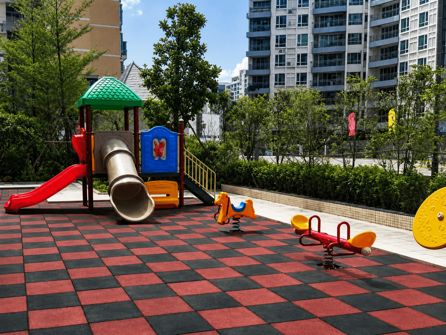 Rubber floor tiles for playground and safety areas